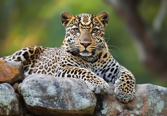 Naklejka premium Majestic leopard resting on a rocky ledge with vibrant green foliage in the background, showcasing distinctive spots and powerful gaze, highlighting wildlife beauty