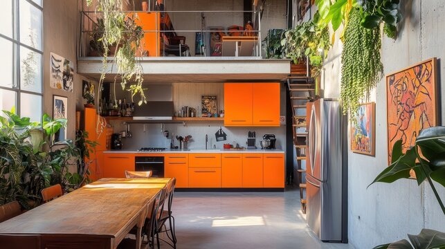 Orange kitchen loft apartment, plants, dining