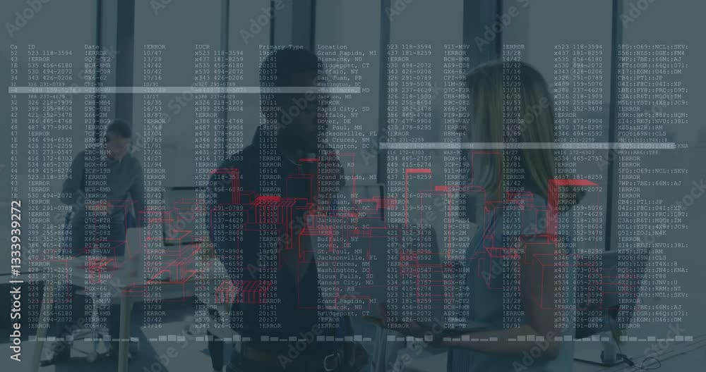 Poster discussing data, business professionals with digital code and graphs in office animation