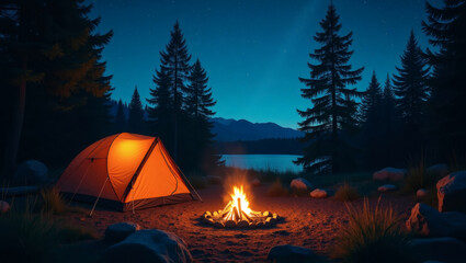 an illuminated tent and a crackling campfire under the twilight sky in a forest setting. The scene exudes warmth, adventure, and a sense of peace