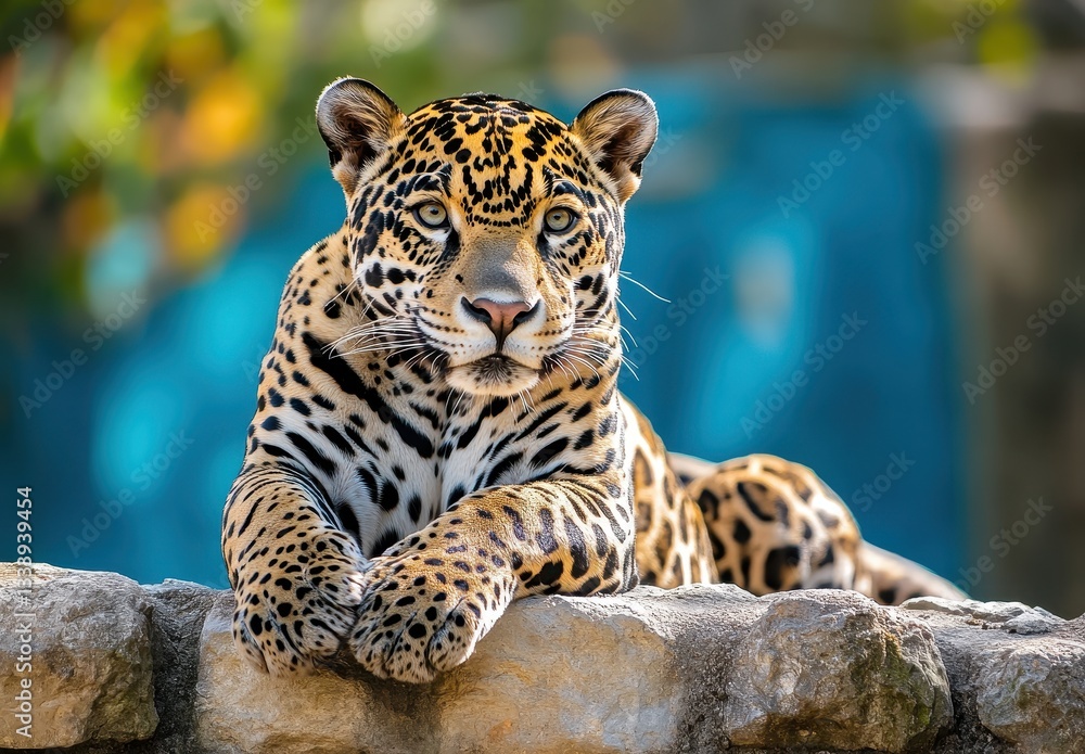 Poster majestic leopard resting on a stone wall with vivid fur patterns and expressive eyes in a serene env