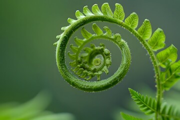 Unfurling Fern: A Close-Up Look at Nature's Spiral, Showing the Amazing Growth and Development of a Young Fern Fiddlehead, Capturing its Vibrant Green Hues and Intricate Details.  Botanical Wonders Un