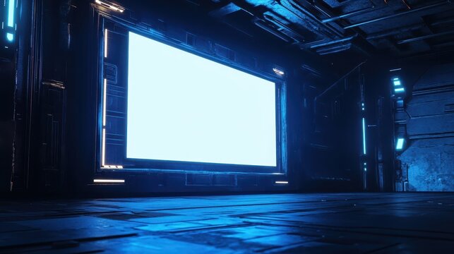 A futuristic room displays a bright screen within a dark environment
