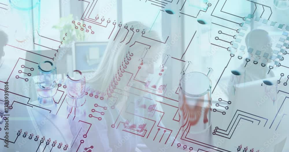 Poster animation of circuit board overlaying scientists working in school laboratory