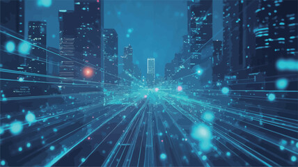 The image is a digital rendering depicting a futuristic cityscape at night.  The perspective is from a low vantage point, looking down a central avenue.  Tall skyscrapers line the avenue, appearing