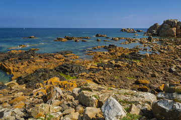 Granite rocks near the chasm of Plougrescant peninsula in Brittany, France