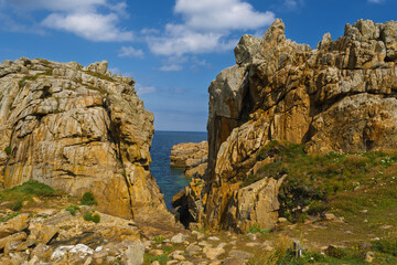 Granite rocks near the chasm of Plougrescant peninsula in Brittany, France