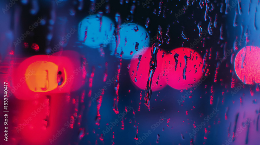 Poster abstract raindrop texture on window with colorful neon lights in background