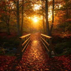 Golden Autumn Sunrise Over a Forest Bridge"