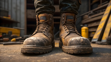 A close-up of boots with steel-toe protection on a worksite.