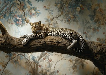 Majestic leopard resting on a tree branch against a beautiful vintage floral backdrop creating an enchanting atmosphere in this stunning wildlife scene