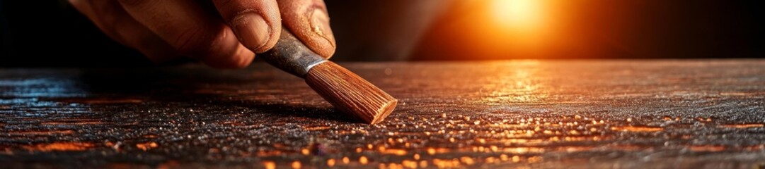 Close-Up of an Artisan Carving Wood with a Brush for Lino Printing. Generative AI