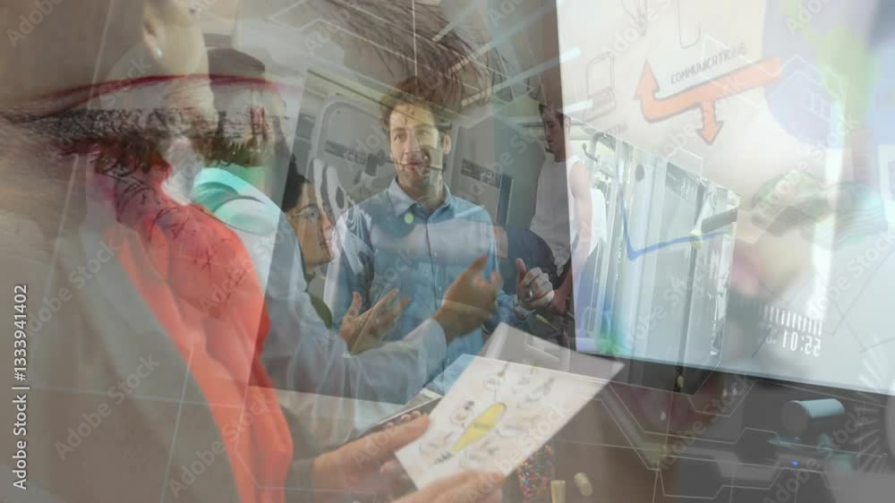 Poster discussing strategy, business team using digital communication graphics and charts in office