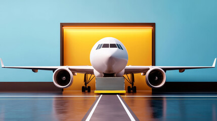 Fototapeta premium A sleek airplane is positioned at the entrance of a brightly lit hangar, showcasing modern design and aviation technology in a minimalist setting.