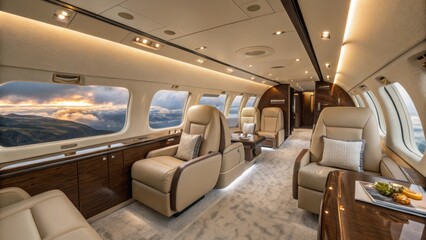 A luxurious private jet interior featuring plush seating, elegant decor, and large windows showcasing a scenic view.