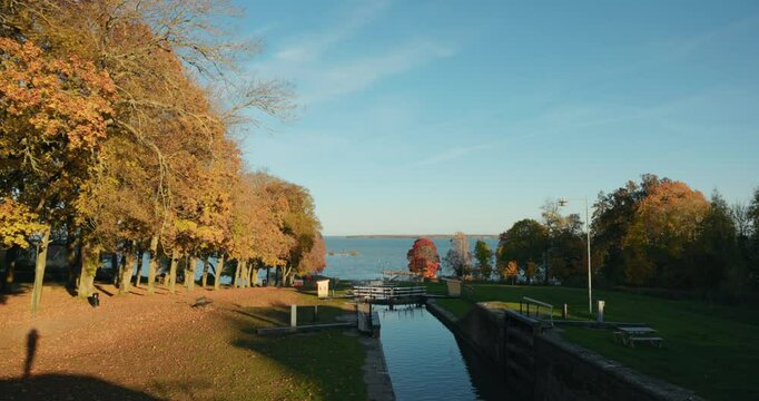 Bergs Lock On The Banks Of Gota Canal On Sunny Day In Autumn. Berg Near Linkoping In Sweden. wide static shot
