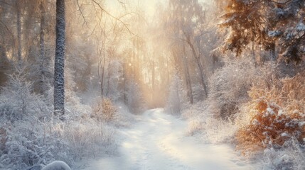 Sunlit Winter Path Through a Snow Covered Forest