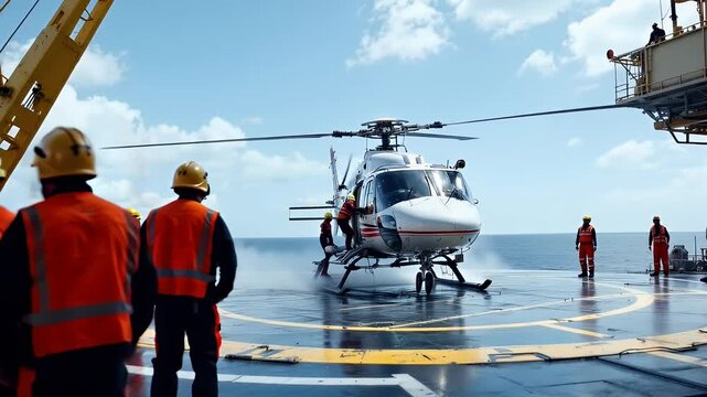 Landing Helicopter on Offshore Platform with Workers Supervising Safety