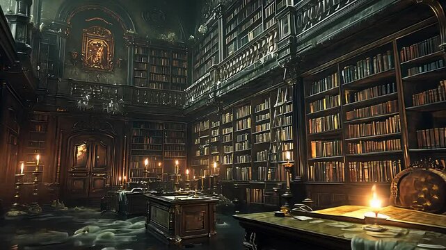 Ancient Candlelit Library with Tall Wooden Bookshelves, Dusty Manuscripts, and a Mysterious Gothic Atmosphere

 - Powered by Adobe