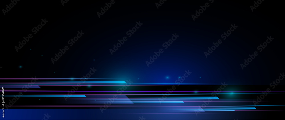 Poster Vector abstract line pattern, neon light effect. High speed movement and motion blur over dark blue background. Illustration futuristic design. Cyber, hi tech connection technology, cyberspace concept