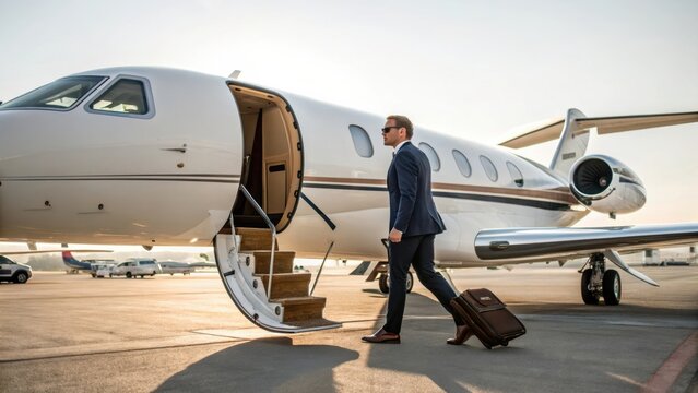 A businessman walks towards a private jet, carrying a suitcase, ready for departure on a sunny day.