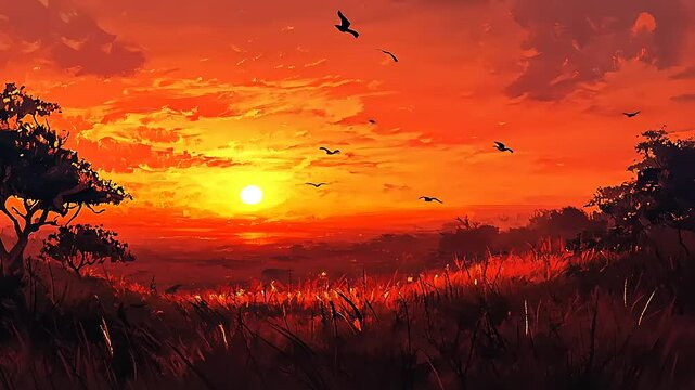 Serene sunset over a vast savannah landscape, with silhouettes of trees and birds in flight