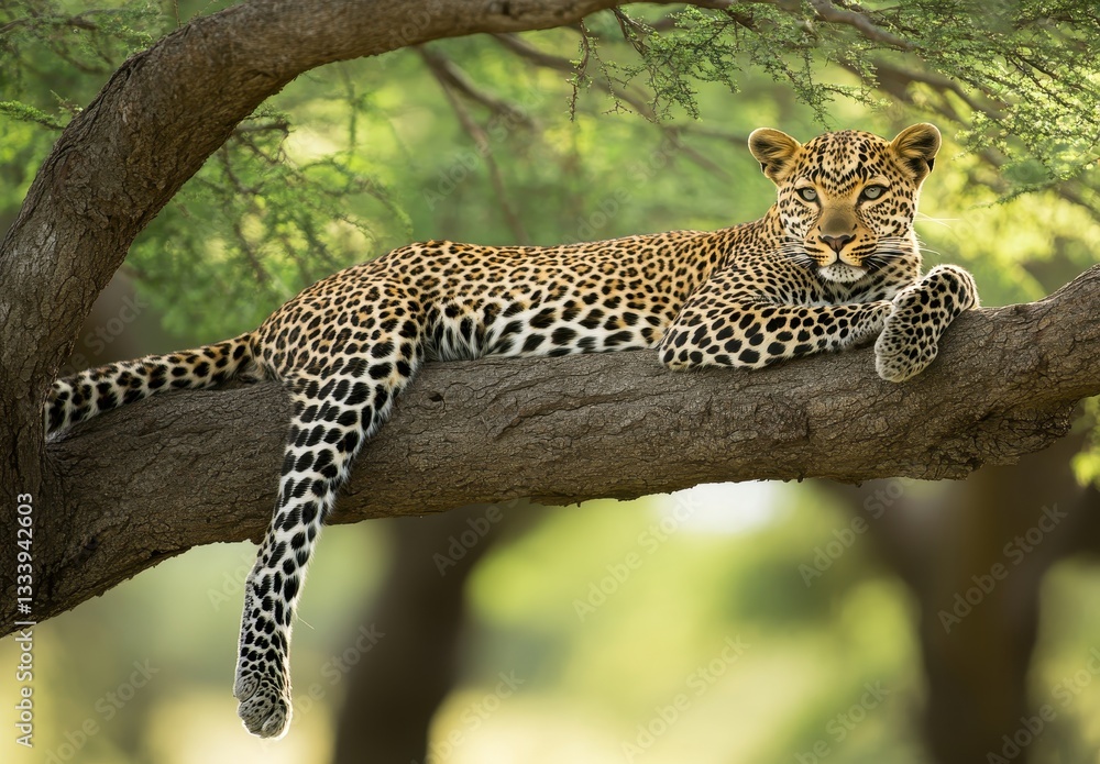 Poster majestic leopard resting on a tree branch in a lush green environment with soft natural lighting and