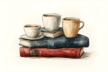 Cozy Read: A stack of books, each bound in a different hue, supports a trio of coffee-filled cups, creating an inviting scene for relaxation. 