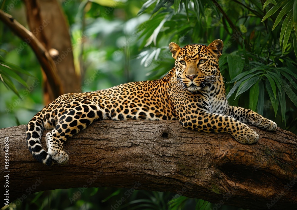 Poster majestic leopard resting on a tree branch in a lush green rainforest surrounded by vibrant foliage a