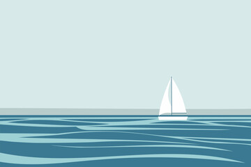 A minimalist flat design of a single sailboat on the ocean. The serene composition and simple lines evoke a sense of tranquility and adventure, perfect for nautical themes and decor.