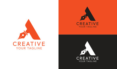 The combination of the letter "A" and the pen nib suggests a connection to creativity, writing, design, "A" integrated with a fountain pen nib. The logo is presented in three different color variation