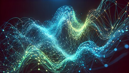 Luminous interconnected fibers in neon blue and green, forming a futuristic abstract background and wallpaper