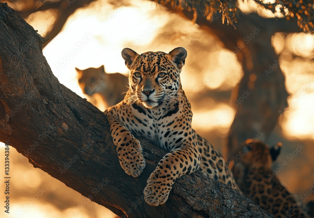 Poster majestic leopard resting on a tree branch in golden sunset with soft bokeh background and natural ha