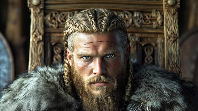 A Majestic Viking Warrior Seated on a Throne with a Fierce Expression