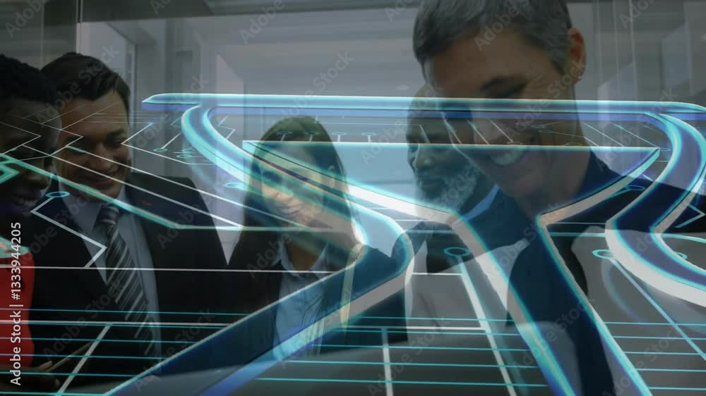 Aufkleber collaborating in office, business professionals using digital data processing animation