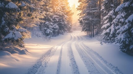 Snow Covered Road Through A Winter Forest At Sunrise