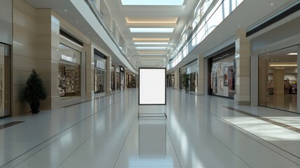 An empty shopping mall interior with a blank advertising display