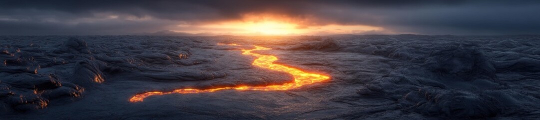 Dramatic Volcanic Landscape with Flowing Lava at Sunset. Generative AI