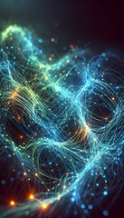 Neon glowing threads forming an intricate web in blue and green, creating an abstract background and wallpaper