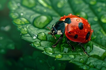 Obraz premium A Red Ladybug Crawls on a Dew-Covered Green Leaf. Macro Photography of Insect and Nature's Beauty. Showcasing Vibrant Colors and Intricate Details of a Tiny Creature. Exploring the Microscopic World. 