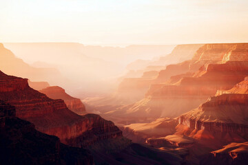 Naklejka premium Majestic view of the Grand Canyon at sunrise, with warm golden light illuminating the layered rock formations and deep valleys