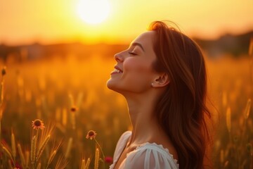 Beautiful Young Woman Enjoying Sunset in a Golden Wheat Field, Smiling with Eyes Closed, Feeling Peaceful, Free, and Happy in Nature, Summer Relaxation and Serenity