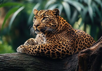 Fototapeta premium Majestic leopard resting on a tree branch surrounded by lush greenery and captivating natural light filters through foliage in a serene wildlife habitat