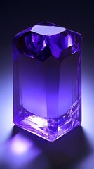 Purple gemstone crystal displays faceted surfaces on a reflective black gradient background