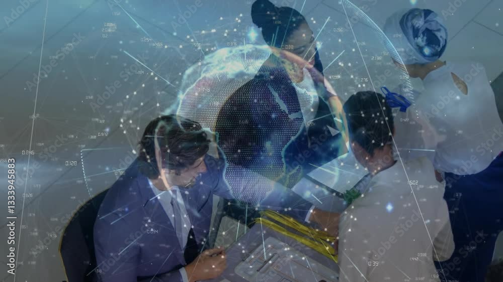 Poster business team collaborating over digital globe and data network animation