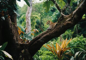 Fototapeta premium Majestic leopard resting on a tree branch surrounded by lush greenery in a vibrant tropical rainforest setting