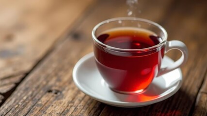 black tea in a glass cup on a wooden surface