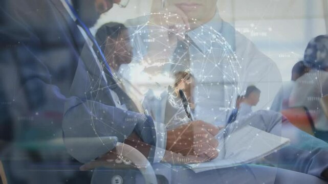 Working with global network connections overlay, business professionals in office setting