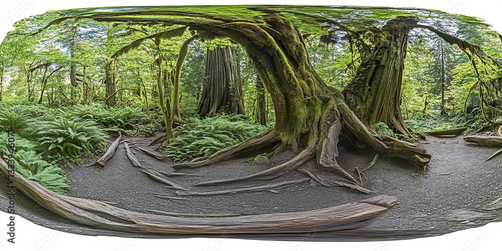 Poster lush rainforest with towering trees and ferns in serene setting