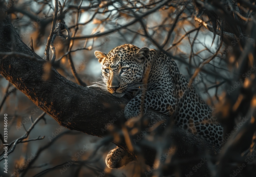 Aufkleber majestic leopard resting on a tree branch surrounded by twisted branches and foliage in soft golden 